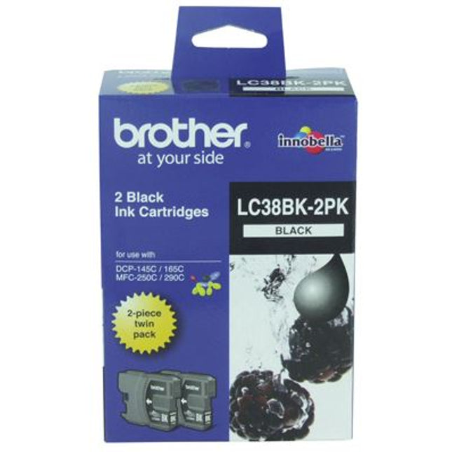 Brother LC38BK2PK Black Ink Cartridge Twin Pack
Features:
<div>Compatible With: DCP145C, DCP165C, DCP195C, DCP375CW, MFC250C, MFC255CW, MFC257CW, MFC190C, MFC295CN, 2 x Black (300 pages each at 5% Coverage)</div>