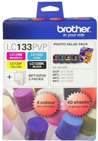 Brother LC133PVP Combo Pack with 40 Sheets of 6x4 Photo Paper
Features:
<div>For use with: DCPJ152W, DCPJ172W, DCPJ552DW, DCPJ752DW, DCPJ4110DW, MFCJ245, MFCJ470DW, MFCJ650DW, MFCJ870DW, MFCJ4410DW, MFCJ4510DW, MFCJ4710DW, MFCJ6520DW, MFCJ6720DW, MFCJ6920DW
, 600 Page Yield @ 5% Coverage Includes 3 colours and Black carteidge + 40 sheets photo paper (4x6)</div>