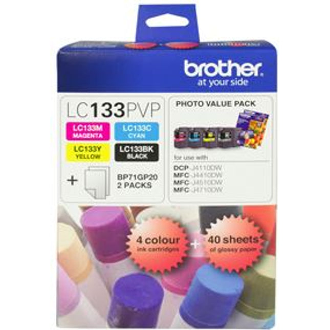 Brother LC133PVP Combo Pack with 40 Sheets of 6x4 Photo Paper
Features:
<div>For use with: DCPJ152W, DCPJ172W, DCPJ552DW, DCPJ752DW, DCPJ4110DW, MFCJ245, MFCJ470DW, MFCJ650DW, MFCJ870DW, MFCJ4410DW, MFCJ4510DW, MFCJ4710DW, MFCJ6520DW, MFCJ6720DW, MFCJ6920DW
, 600 Page Yield @ 5% Coverage Includes 3 colours and Black carteidge + 40 sheets photo paper (4x6)</div>