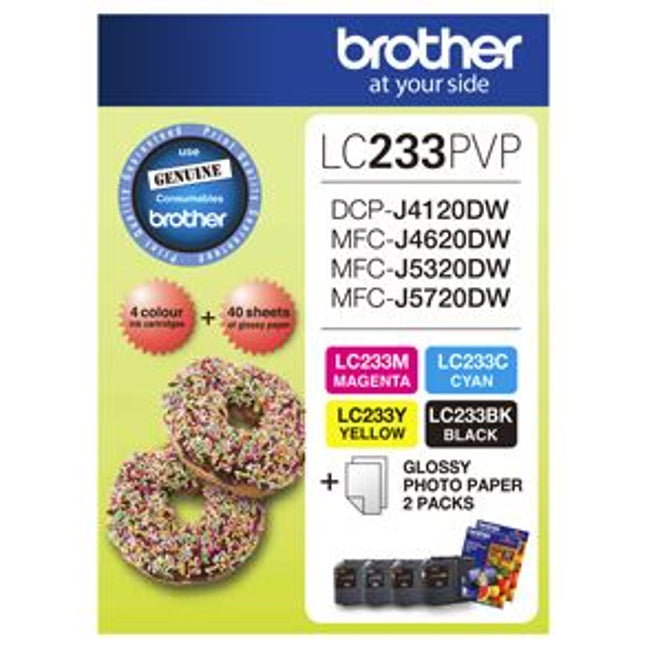 Brother LC233PVP Combo Pack with 40 Sheets of 6x4 Photo Paper
Features:
<div>Compatible With: DCPJ562DW, DCPJ4120DW, MFCJ480DW, MFCJ680DW, MFCJ880DW, MFCJ4620DW, MFCJ5320DW, MFCJ5320DW - 550 page yield (per Cartridge, at 5% Coverage)</div>