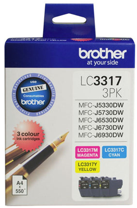 Brother LC33173PK 3 pack CMY Ink Cartridges
Features:
<div>Compatible With: MFCJ5330DW, MFCJ5730DW, MFCJ6530DW, MFCJ6730DW, MFCJ6930DW, Yield ~1650 Pages (at 5% Coverage)</div>