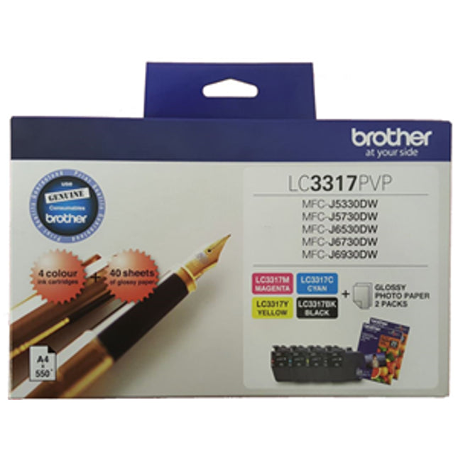 Brother LC3317PVP Ink Cartridge Photo Value Pack
Features:
<div>Full colour pack contains cyan, magenta, yellow and black standard yield ink cartridges, each covering up to 550 pages at 5% coverage.
Includes 40 sheets of 4 x 6 photo paper.
Compatible With: MFCJ5330DW, MFCJ5730DW, MFCJ6530DW, MFCJ6930DW printers.</div>