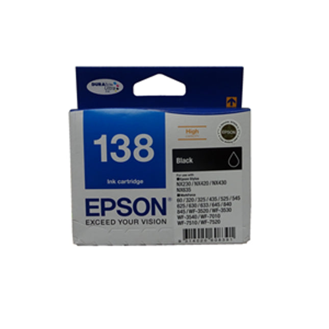 Epson 138 Black High Yield Ink Cartridge
Features:
<div>Compatible With: WorkForce 60, WorkForce 320, Stylus NX420, WorkForce WF-7510, WorkForce 840, WorkForce 633, WorkForce 630, WorkForce 325, Stylus NX430, Stylus NX230, WorkForce 435, WorkForce WF-7520, WorkForce 7010, WorkForce 645, Stylus NX635, WorkForce 845, WorkForce WF-3540, WorkForce WF-3520</div>