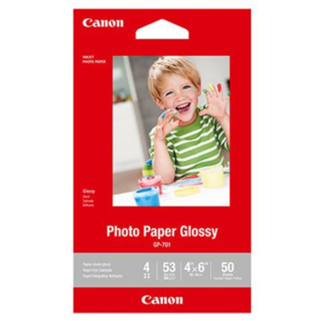 Canon GP701 4x6 Glossy Photo Paper 210GSM 50 Sheets
Features:
<div>6x4, 50 Sheets, 210GSM
 - A general purpose gloss paper, suitable for everyday printing of photographs. Fast drying with a high colour accuracy print after print.</div>