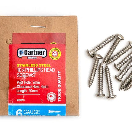 stainless steel screws gauge 6 20 mm 10 pack