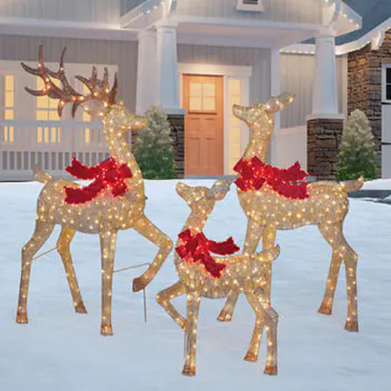 Lighted LED Deer Family with Red Bow, Set of 3