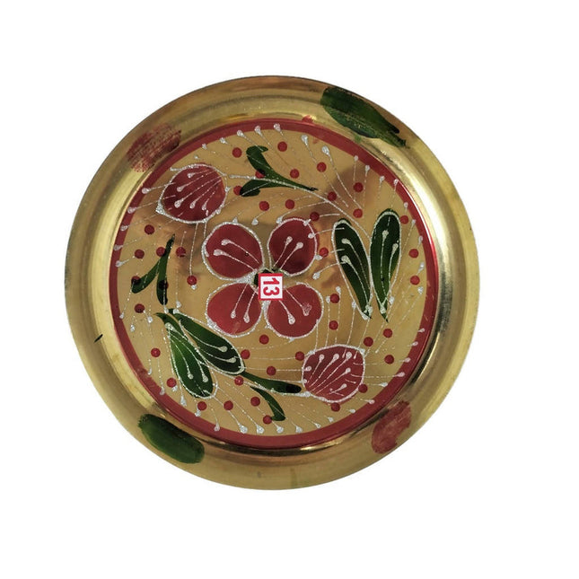 Brass - Puja Thali with Red and Green Decoration with silver lining