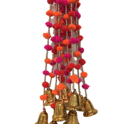 Wall Hanging : Multi Colored Pom Pom with Golden Bell Single String