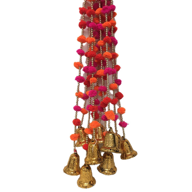 Wall Hanging : Multi Colored Pom Pom with Golden Bell Single String