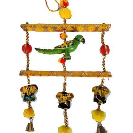 Parrot Door or Wall Hanging with Bells and Ganesh