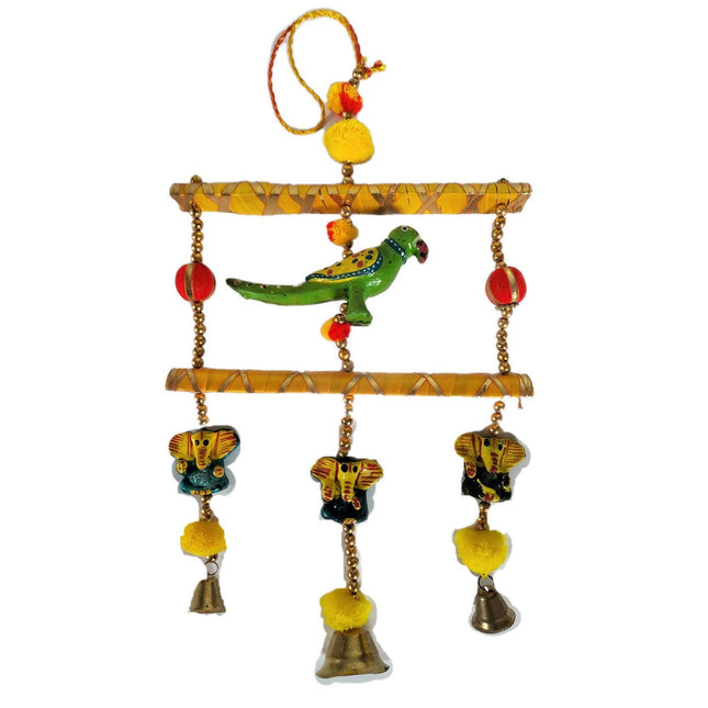 Parrot Door or Wall Hanging with Bells and Ganesh