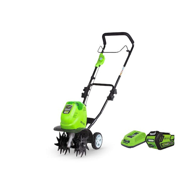 green works garden tiller g max 40 v li ion 2 0 ah kit