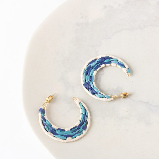blue raffia moon earrings