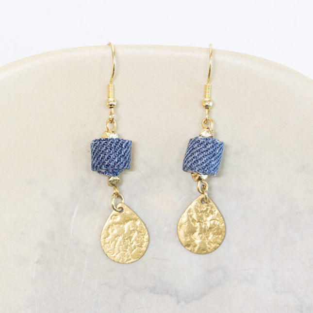 denim brass drop earrings