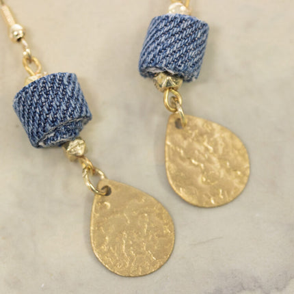denim brass drop earrings