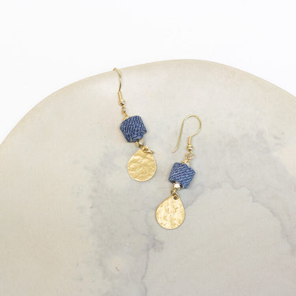 denim brass drop earrings