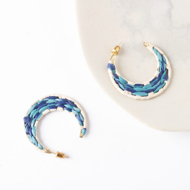 blue raffia moon earrings