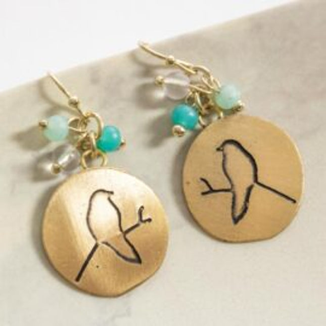 bird brass glass earrings