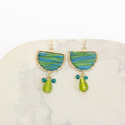 grn blue raffia earrings