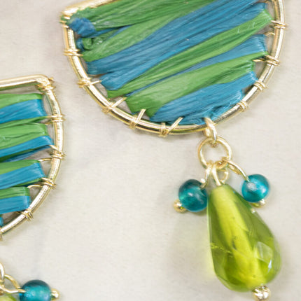 grn blue raffia earrings