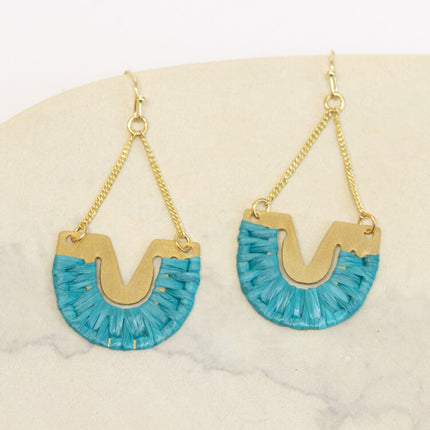 blue raffia brass earring