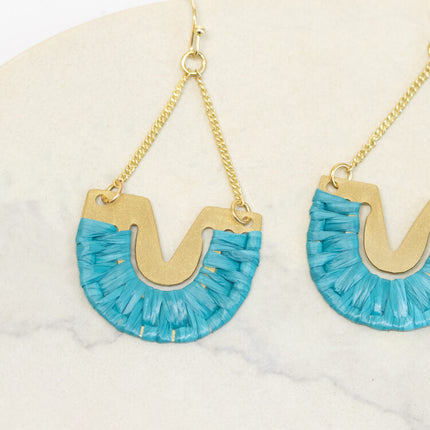 blue raffia brass earring