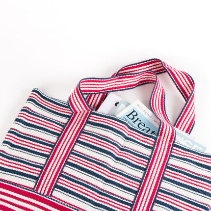 red blue plaid shopper