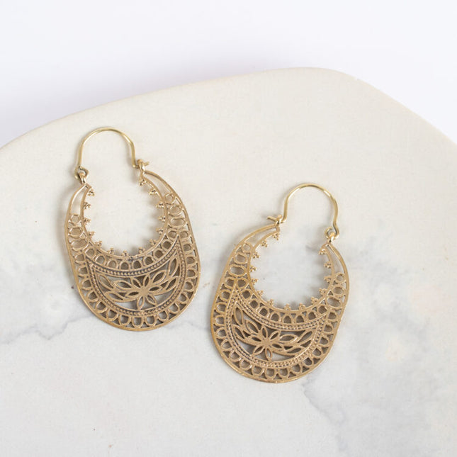 gold oval lotus earrings