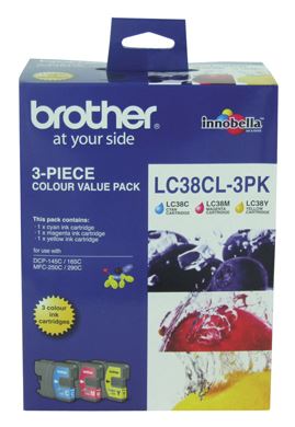 





Brother LC38CL3PK CMY Colour Ink Cartridges (Triple Pack)

Features:
<div>Compatible With: DCP145C, DCP165C, DCP195C, DCP375CW, MFC250C, MFC255CW, MFC257CW, MFC190C, MFC295CN</div>