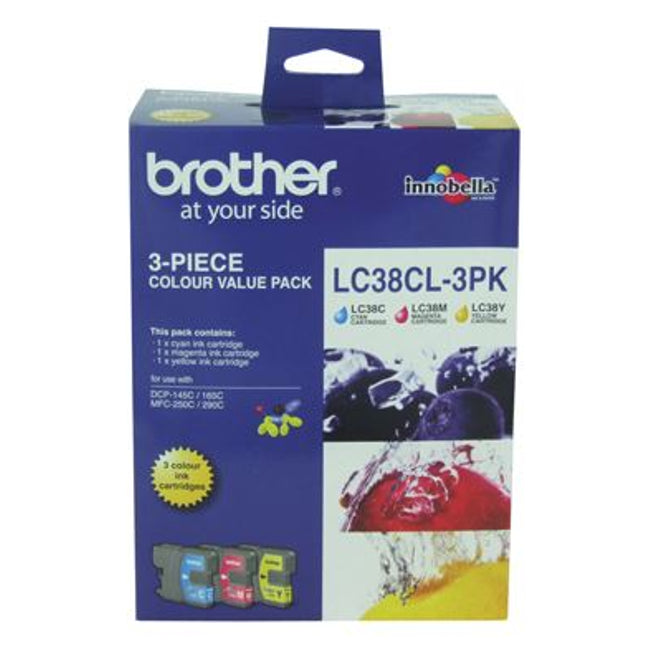





Brother LC38CL3PK CMY Colour Ink Cartridges (Triple Pack)

Features:
<div>Compatible With: DCP145C, DCP165C, DCP195C, DCP375CW, MFC250C, MFC255CW, MFC257CW, MFC190C, MFC295CN</div>