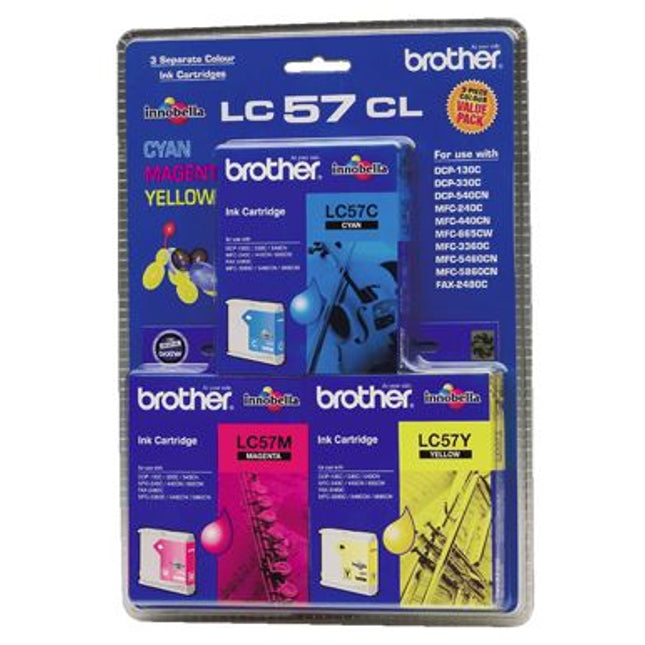 





Brother LC57CL3PK CMY Colour Ink Cartridges (Triple Pack)

Features:
<div>Compatible With: DCP130C, DCP330C, DCP350C, DCP540CN, DCP560CN, FAX2480C, MFC240C, MFC440CN, MFC465CN, MFC665CW, MFC685CW, MFC885CW, MFC3360C, MFC5460CN, MFC5860CN, 3 pack cyan/yellow/magenta, 400 pages yield (Each Cartridge at 5% Coverage)</div>