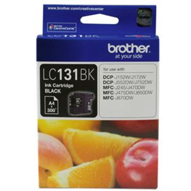 





Brother LC131BK Black Ink Cartridge

Features:
<div>Compatible With: DCPJ152W, DCPJ172W, DCPJ552DW, DCPJ752DW, MFCJ245, MFCJ470DW, MFCJ475DW, MFCJ650DW, MFCJ870DW, Yield ~300 Pages (at 5% Coverage)</div>