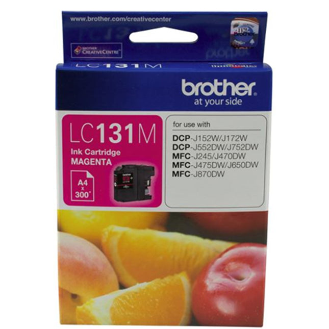 





Brother LC131M Magenta Ink Cartridge

Features:
<div>Compatible With: DCPJ152W, DCPJ172W, DCPJ552DW, DCPJ752DW, MFCJ245, MFCJ470DW, MFCJ475DW, MFCJ650DW, MFCJ870DW, Yield ~300 Pages (at 5% Coverage)</div>