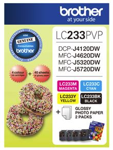 





Brother LC233PVP Combo Pack with 40 Sheets of 6x4 Photo Paper

Features:
<div>Compatible With: DCPJ562DW, DCPJ4120DW, MFCJ480DW, MFCJ680DW, MFCJ880DW, MFCJ4620DW, MFCJ5320DW, MFCJ5320DW - 550 page yield (per Cartridge, at 5% Coverage)</div>