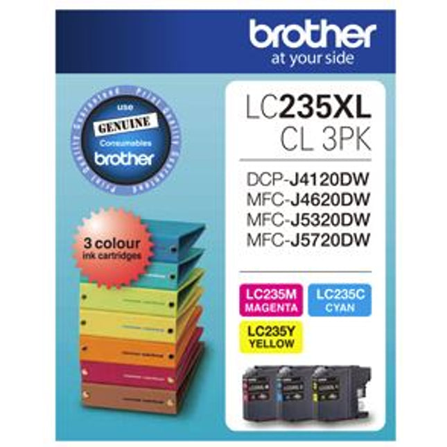 





Brother LC235XLCL3PK CMY Colour High Yield Ink Cartridge (Triple Pack)

Features:
<div>Compatible With: DCPJ4120DW, MFCJ4620DW, MFCJ5320DW, MFCJ5720DW, 1200 page yield (each Cartridge, at 5% Coverage)</div>