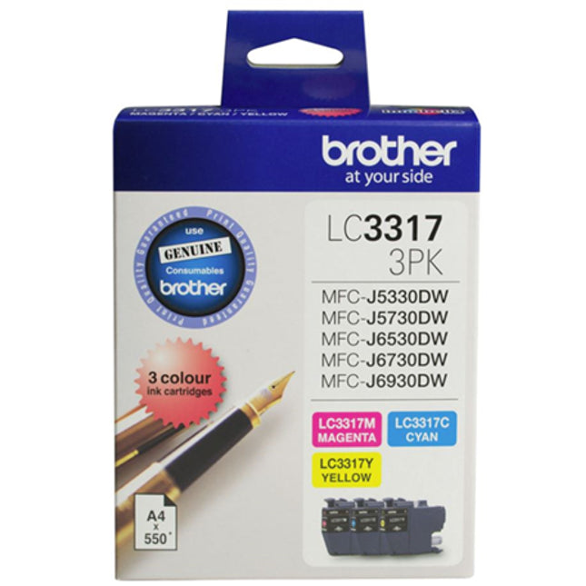 





Brother LC33173PK 3 pack CMY Ink Cartridges

Features:
<div>Compatible With: MFCJ5330DW, MFCJ5730DW, MFCJ6530DW, MFCJ6730DW, MFCJ6930DW, Yield ~1650 Pages (at 5% Coverage)</div>