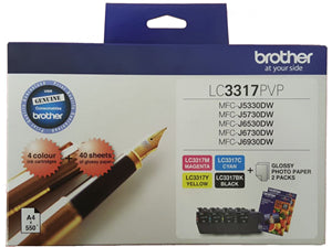 





Brother LC3317PVP Ink Cartridge Photo Value Pack

Features:
<div>Full colour pack contains cyan, magenta, yellow and black standard yield ink cartridges, each covering up to 550 pages at 5% coverage.

Includes 40 sheets of 4 x 6 photo paper.

Compatible With: MFCJ5330DW, MFCJ5730DW, MFCJ6530DW, MFCJ6930DW printers.</div>