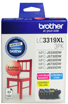 





Brother LC3319XL3PK 3 pack CMY High Yield Ink Cartridges

Features:
<div>Compatible With: MFCJ5330DW, MFCJ5730DW, MFCJ5930DW, MFCJ6530DW, MFCJ6930DW Yield ~4,500 Pages.

Cyan, Magenta, Yellow.</div>