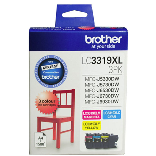 





Brother LC3319XL3PK 3 pack CMY High Yield Ink Cartridges

Features:
<div>Compatible With: MFCJ5330DW, MFCJ5730DW, MFCJ5930DW, MFCJ6530DW, MFCJ6930DW Yield ~4,500 Pages.

Cyan, Magenta, Yellow.</div>