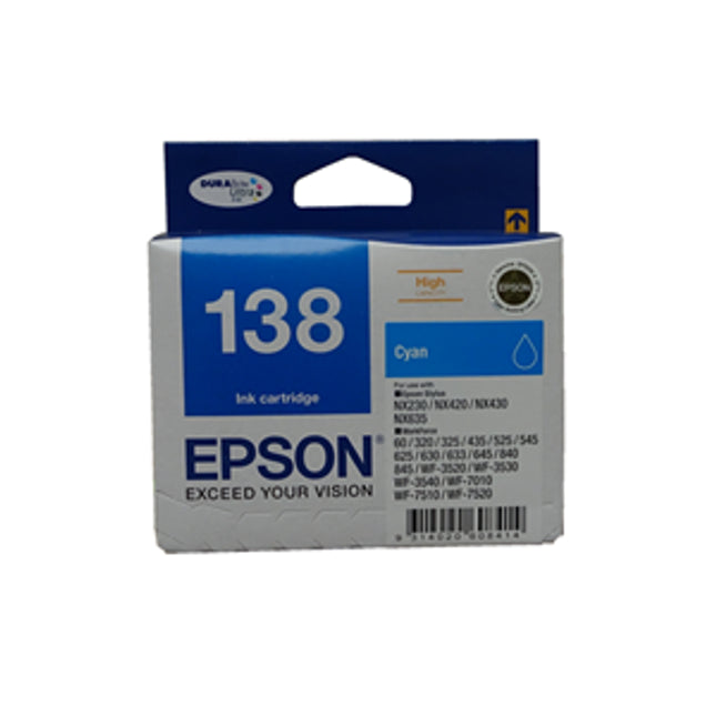 





Epson 138 Cyan High Yield Ink Cartridge

Features:
<div>Compatible With: WorkForce 60, WorkForce 320, Stylus NX420, WorkForce WF-7510, WorkForce 840, WorkForce 633, WorkForce 630, WorkForce 325, Stylus NX430, Stylus NX230, WorkForce 435, WorkForce WF-7520, WorkForce 7010, WorkForce 645, Stylus NX635, WorkForce 845, WorkForce WF-3540, WorkForce WF-3520</div>