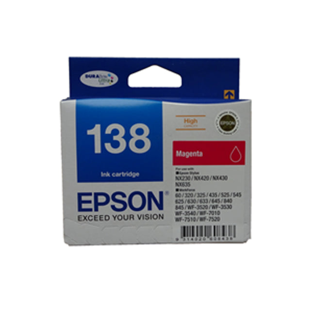 





Epson 138 Magenta High Yield Ink Cartridge

Features:
<div>Compatible With: WorkForce 60, WorkForce 320, Stylus NX420, WorkForce WF-7510, WorkForce 840, WorkForce 633, WorkForce 630, WorkForce 325, Stylus NX430, Stylus NX230, WorkForce 435, WorkForce WF-7520, WorkForce 7010, WorkForce 645, Stylus NX635, WorkForce 845, WorkForce WF-3540, WorkForce WF-3520</div>