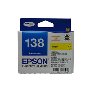 





Epson 138 Yellow High Yield Ink Cartridge

Features:
<div>Compatible With: WorkForce 60, WorkForce 320, Stylus NX420, WorkForce WF-7510, WorkForce 840, WorkForce 633, WorkForce 630, WorkForce 325, Stylus NX430, Stylus NX230, WorkForce 435, WorkForce WF-7520, WorkForce 7010, WorkForce 645, Stylus NX635, WorkForce 845, WorkForce WF-3540, WorkForce WF-3520</div>