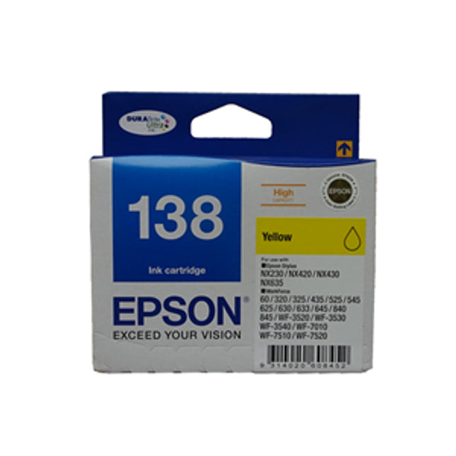 





Epson 138 Yellow High Yield Ink Cartridge

Features:
<div>Compatible With: WorkForce 60, WorkForce 320, Stylus NX420, WorkForce WF-7510, WorkForce 840, WorkForce 633, WorkForce 630, WorkForce 325, Stylus NX430, Stylus NX230, WorkForce 435, WorkForce WF-7520, WorkForce 7010, WorkForce 645, Stylus NX635, WorkForce 845, WorkForce WF-3540, WorkForce WF-3520</div>