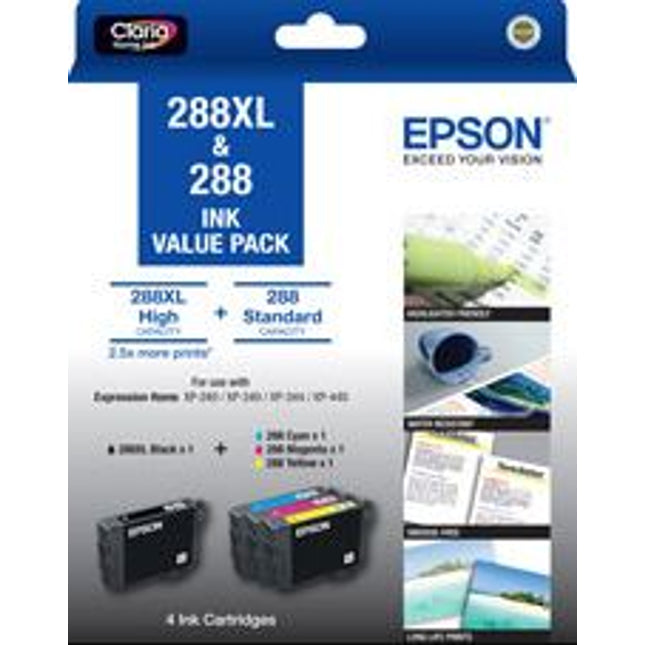





Epson 288XL BK + 288 C/M/Y 4 Ink Cartridge Value Pack

Features:
<div>Compatible With: Expression Home XP-440, Expression Home XP-340, Expression Home XP-344, Expression Home XP-240</div>