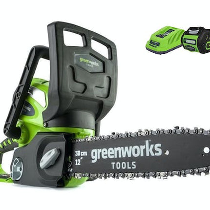 green works chainsaw g max 40 v li ion 12 2 0 ah kit