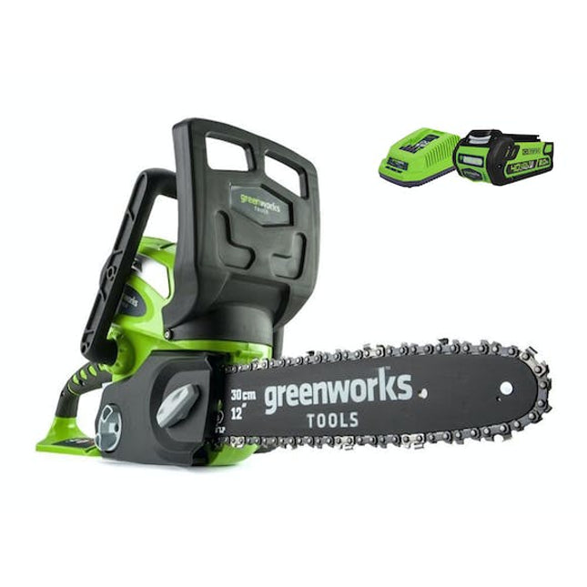 green works chainsaw g max 40 v li ion 12 2 0 ah kit