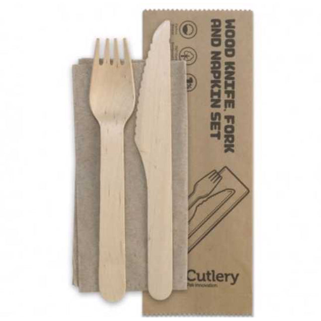wooden cutlery 3 in 1 knife fork napkin set 400 per case
