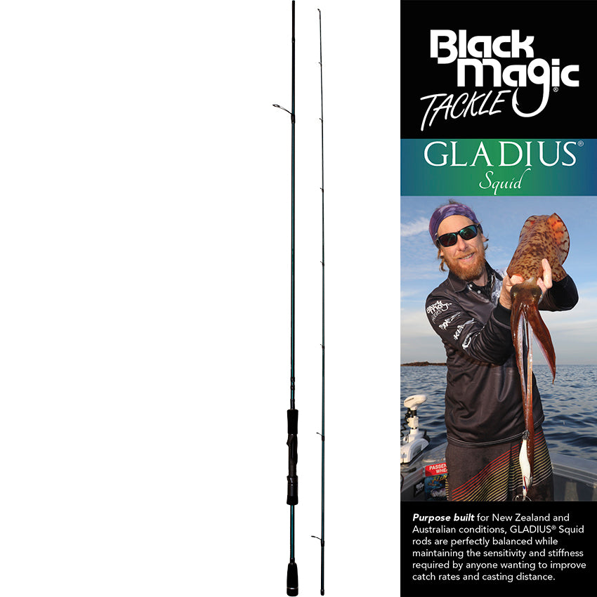 Black Magic Gladius™ Squid rods, Purpose built for New Zealand and  Australian conditions, Gladius™ Squid rods are ultra light rods, designed  to increase casting distance while