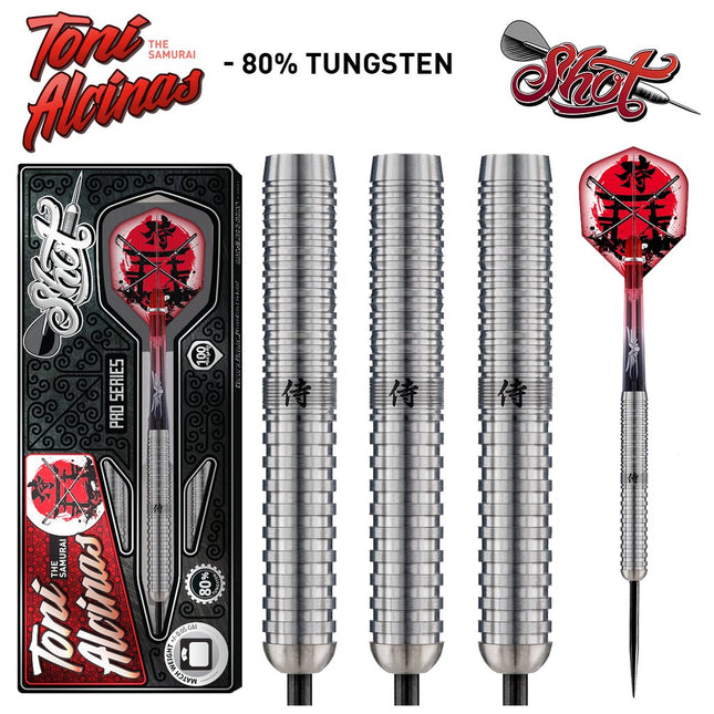 shot pro series toni alcinas samurai steel tip dart set 80 tungsten barrels